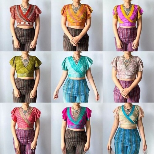 Lot of 15 Pcs Indian Vintage Silk Sari Short Sleeve Crop Top Retro 60s Clothing