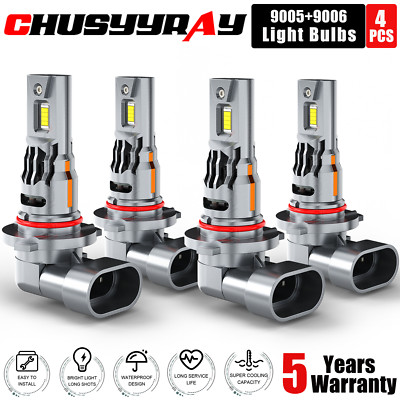 9006 9005 LED Headlight Combo Bulbs 6000K High Low Beam Super Bright White 4x