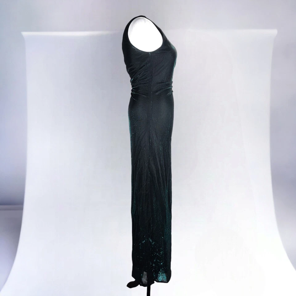Vestido Formal Vintage Años 90 Un Hombro Talla 8 Metálico Esmeralda Cortina Lateral Acanalada Foto 4 de 4