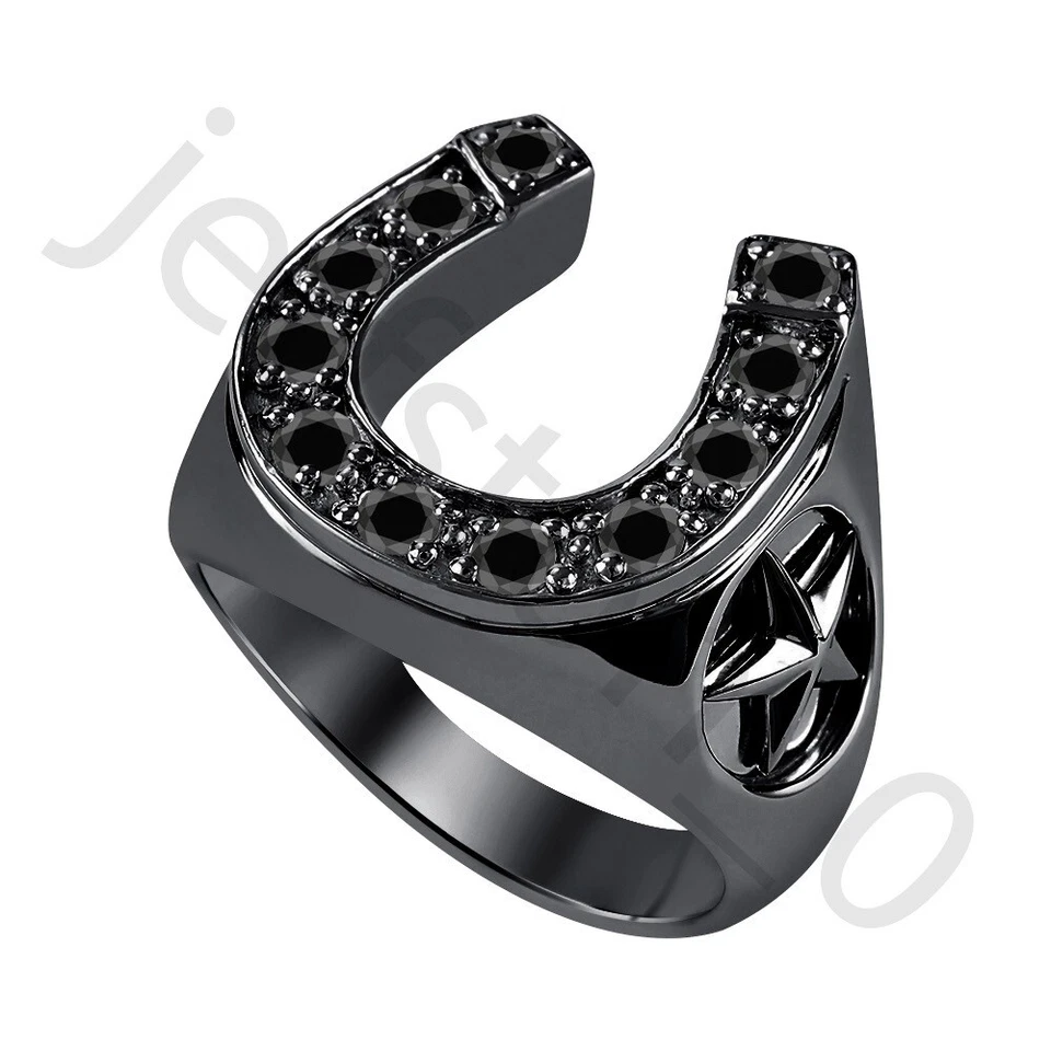 Anillo de herradura de oro negro de 14 quilates de espinela negra creado en laboratorio de 0,50 quilates sobre 2 estrellas para hombre Foto 2 de 4