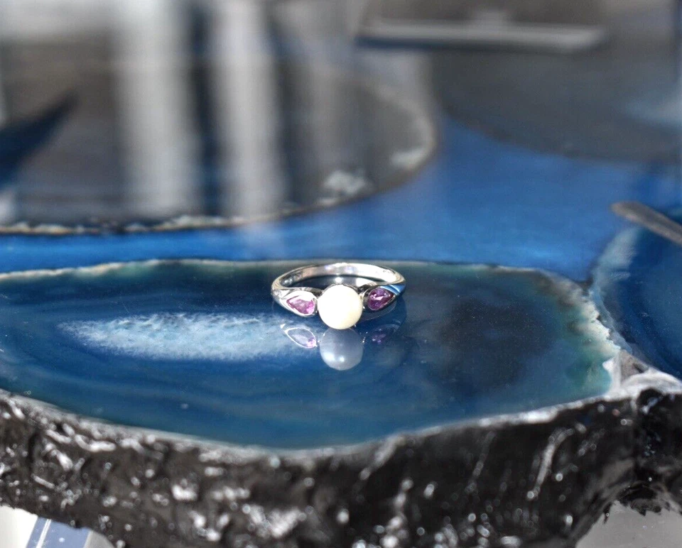 Anillo de cóctel Art Deco oro blanco 14k perlas naturales y pera rosa amatista gema talla 6 Foto 2 de 4
