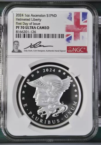 1 oz Silver Coin 2024 Ascension Island Helmeted Liberty Proof NGC PF 70 UCAM FDI