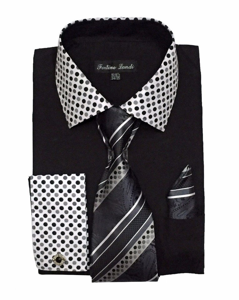 Solid Body With Poka-A-Dot Collar Black French Cuff Men'S Dress Shirt main image 0