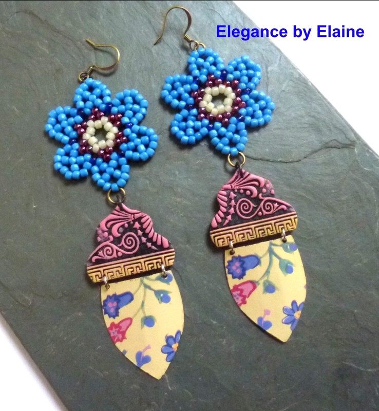 Blue Flowers Yellow Drops Handmade Beaded Earrings drop dangle OOAK Brass