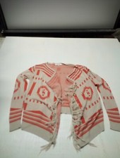 Umgee Women's Size S Tan/Orange Aztec Long Sleeve Waterfall Open Cardigan Fringe
