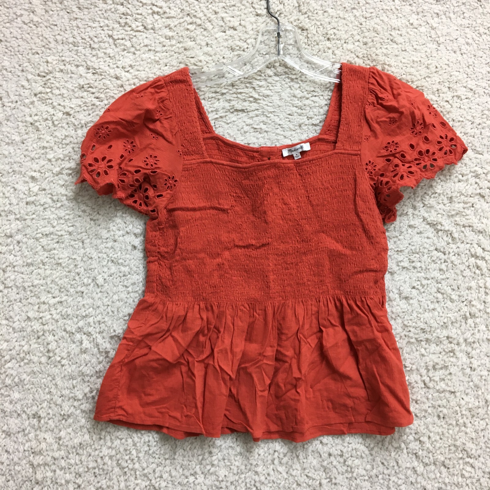 Madewell Orange Smocked Eyelet Babydoll Blouse Womens Medium Stretch Top