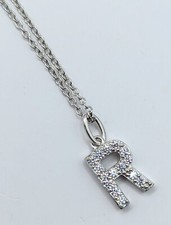 New 925 Sterling Silver Platinum Plated Zirconia Initial "R" Pendant Necklace 