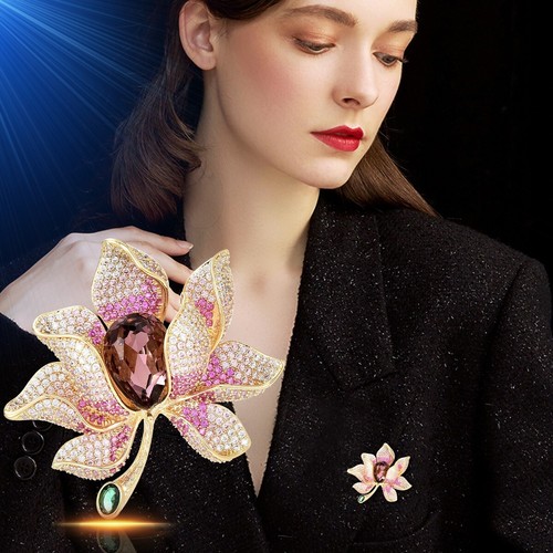 Luxury Pink Lotus Flower Brooch with Crystal Accents - Picture 2 of 5