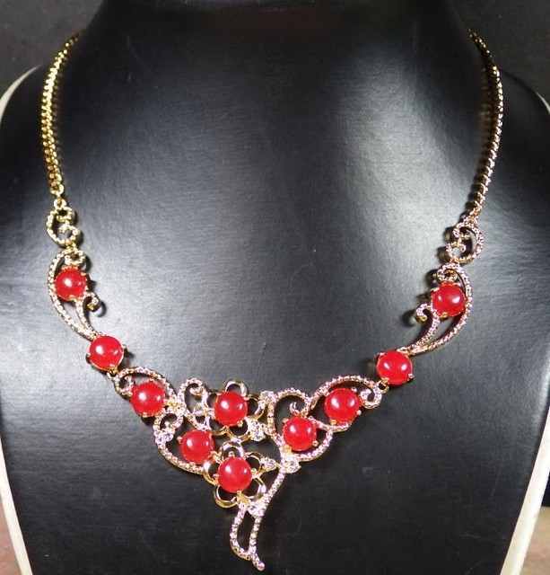 Gold Plate red JADE circle Bead Beads Necklace Diamond (Imitation