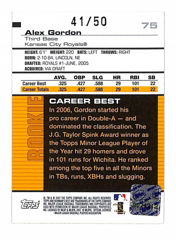 Alex Gordon 2007 Bowman's Best #75 Rookie Auto /50 Gold Refractor Royals 78984 - Image 2 of 2