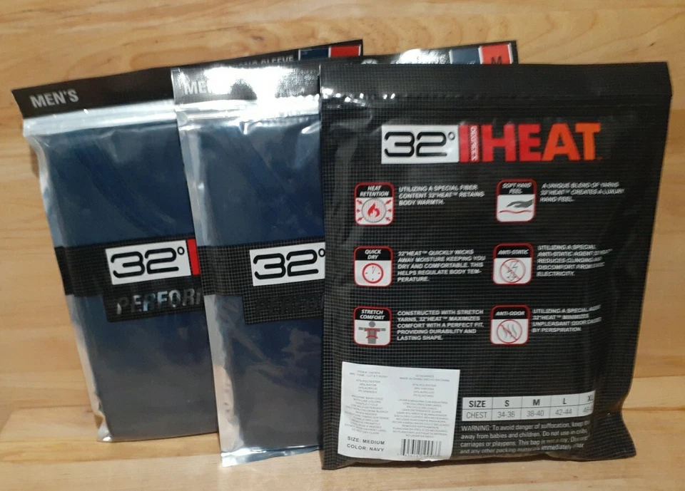 3 PACK: 32° HEAT PERFORMANCE Mesh Men NAVY Long Sleeve Crew Neck Shirt Size MED - Image 2 of 2