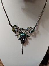 Floral Enamel Necklace. Flowers Leaves Rhinestones.