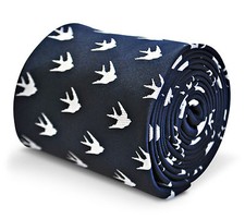 Frederick Thomas Designer Mens Tie - Dark Navy Blue - Embroidered Swallow Bird