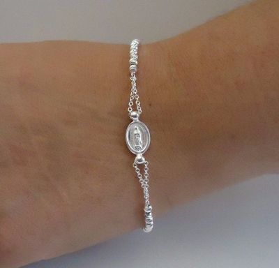 RELIGIOUS DIAMOND CUT BEADED BRACELET W/ ROSARY MEDALLION/925 STERLING SILVER