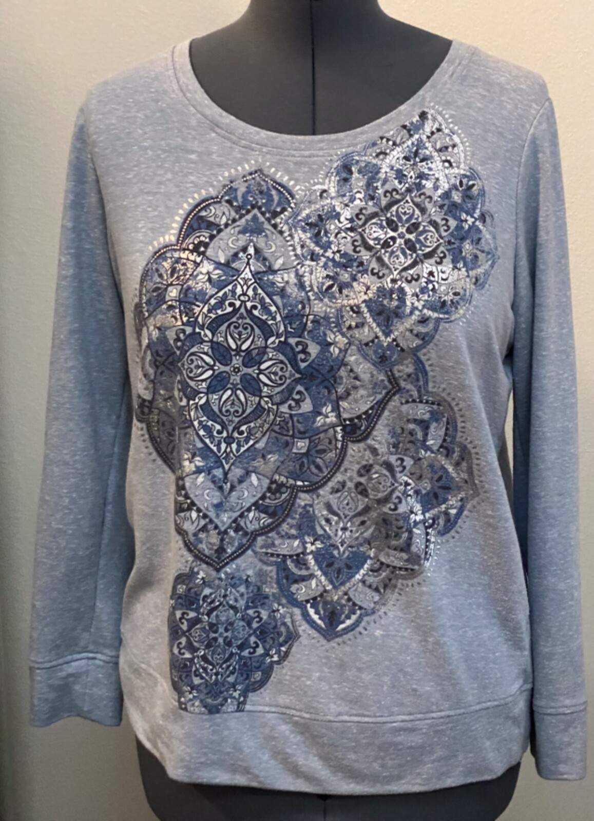 Style&Co M Blue Stretch Mandala Silver Accent Long Sleeve Top