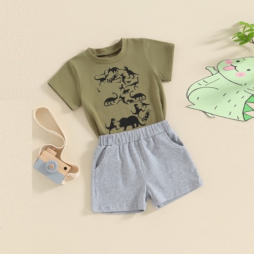 Toddler Boy Dinosaur Print Summer Short Sleeve T-Shirt and Short Set USA STOCK - Picture 3 of 15
