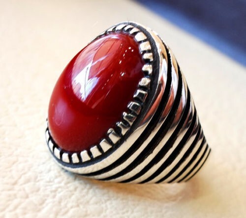 Solid 925 Sterling Silver AA Italian Red Coral Gemstone Designer Gift Men's Ring