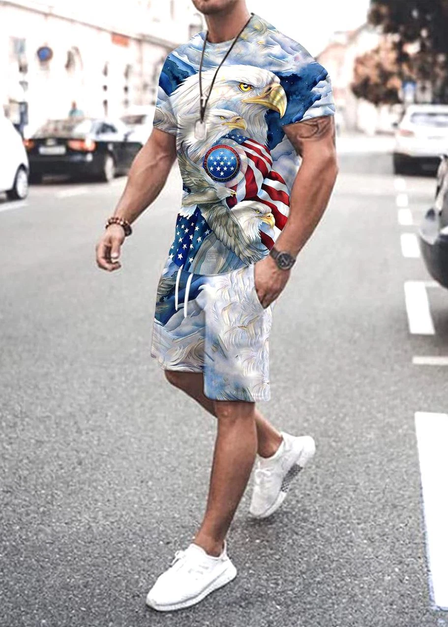 Hombre American Eagle Bandera Manga Corta Casual Camiseta Pantalones Cortos SET
