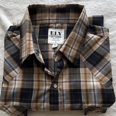 Ely Cattleman Men's Western Plaid Short Sleeve Button-Up Shirt XL Brown Black