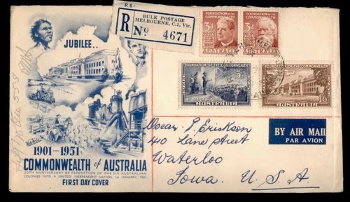 DR WHO 1951 AUSTRALIA FDC COMMONWEALTH ANIV WIDE WORLD CACHET COMBO w30868