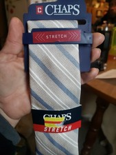 Men  s Chaps Stretch Neck Tie White/Silver/Tan Stripe Designer