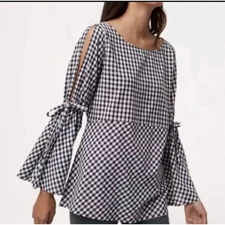 Loft Black & White Gingham Split Bell Sleeve Blouse WOMENS Size XXS
