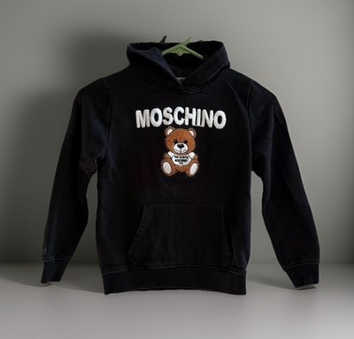 Moschino Kids Teddy Bear Hoodie Size 8-9 Black Chenille Logo Luxury Sweatshirt