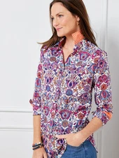 Talbots Button Front Shirt  Women Sz 3X Petite Long Sleeve Magical Floral Cotton