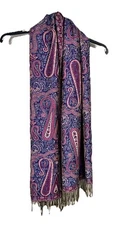 Paisley Pashmina Scarf Blue & Reddish Purple Twisted Fringe Acrylic Viscose