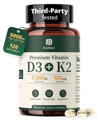 D3 K2 5000IU 100mcg MK-7, 120 Softgels, Gluten , 2-in-1 K2 D3 for Bone & Hear...