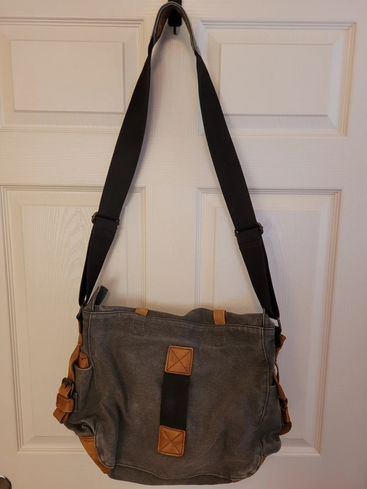 Kattee Gray Canvas Brown Leather Messenger Shoulder Bag READ - Image 3 of 4
