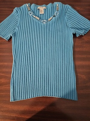 Requirements Womens Ribbed Knit Top L Blue Short Sleeve Stretch Beaded Neckline