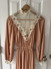 Vtg 70s XS Prairie Dress Rust Victorian Lace High Neck Maxi Gown Romantic Boho