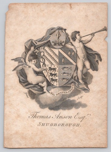 Ex Libris Engraved Bookplate c1890s Coat of Arms Cherubs Blow Horn 4x5.5"