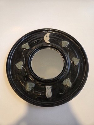 J. Kemper Pottery Black Round Mirror With Owl, Moon And Ivy Signed, 10 Inches