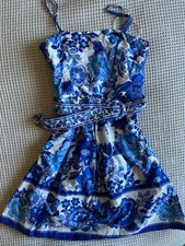 JOIE Blue Floral Woven Sleeveless Square Neck Belted Sundress Size 6