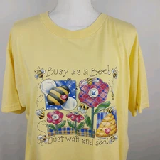 Women's Graphic T-Shirt Top Busy as a Bee Buttons Size XL Short Sleeved Yellow
