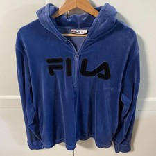 Fila Womens Blue Velour Quarter Zip Hoodie Oversized Logo Pullover XL