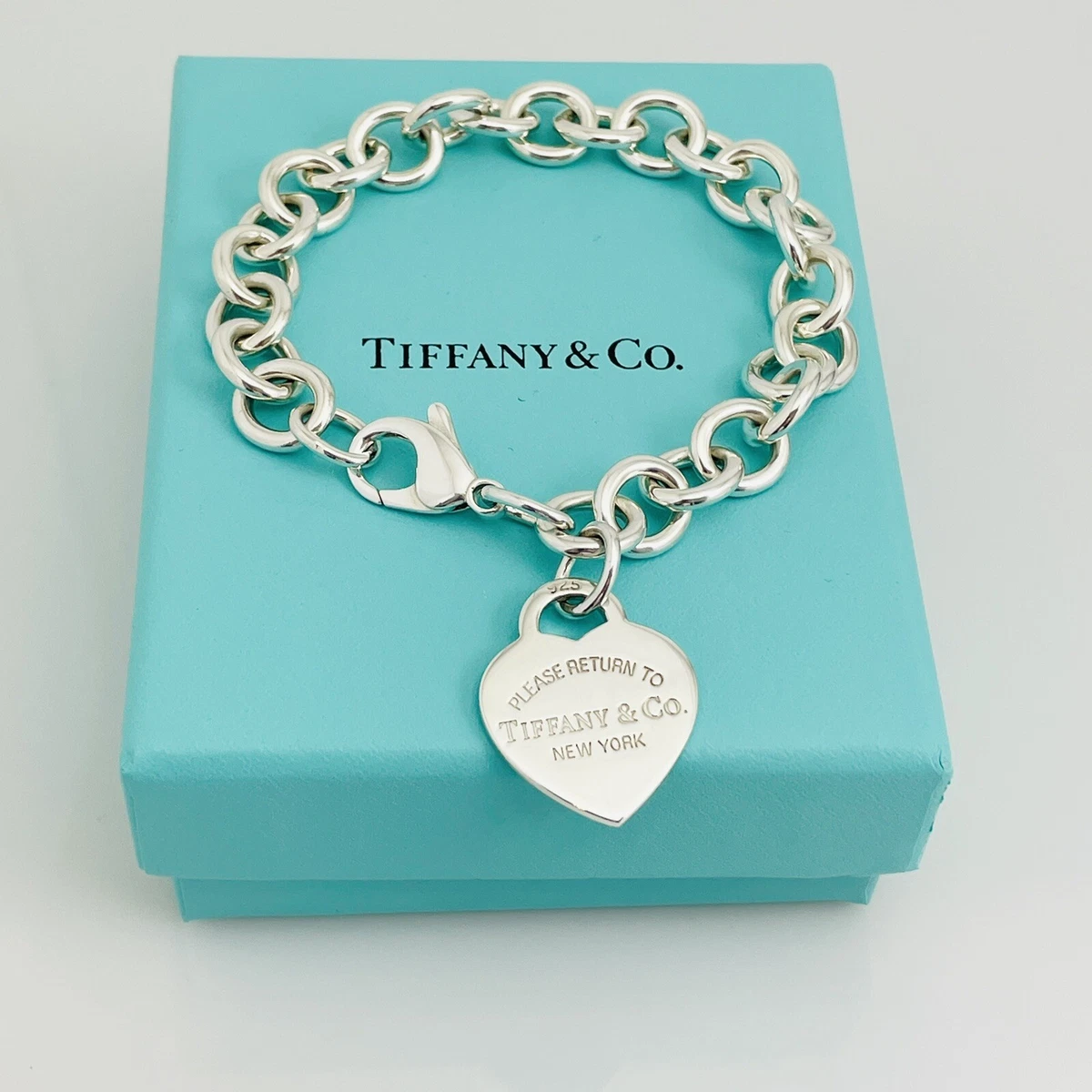 8” Return to Tiffany & Co Silver Heart Tag Charm Bracelet with
