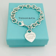 8” Return to Tiffany & Co Silver Heart Tag Charm Bracelet with Blue Box or Pouch