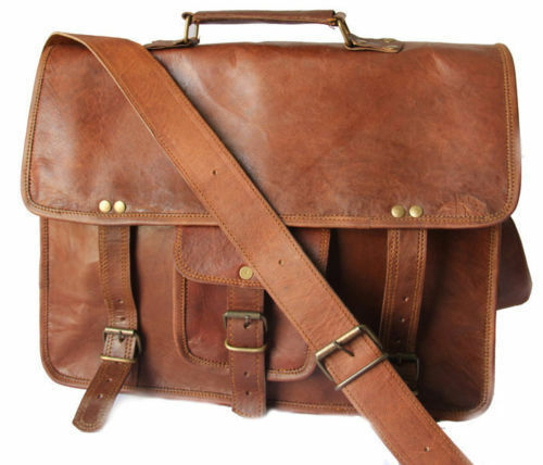 Mens New Real Goat Leather Vintage Brown Messenger Shoulder Laptop Bag Briefcase