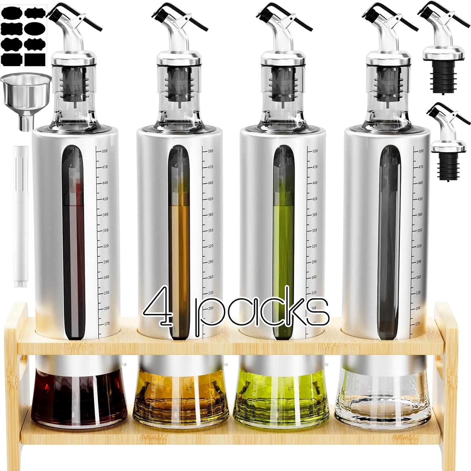 Oil Dispenser Bottle, 4 Pack Glass Olive Oil Dispenser Bottle with Shelf, 17Oz/5