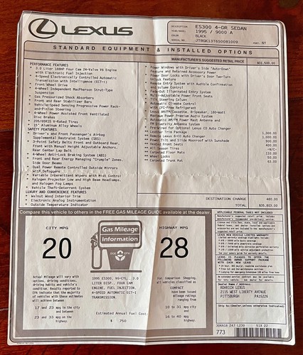 Lexus ES300 1995 etiqueta Monroney - Imagen 1 de 4