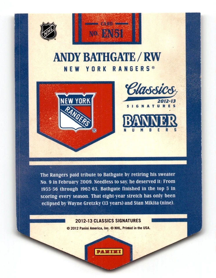 Andy Bathgate 2012-13 Panini Classics Signatures Banner Numbers #EN51 New York - Image 2 of 2