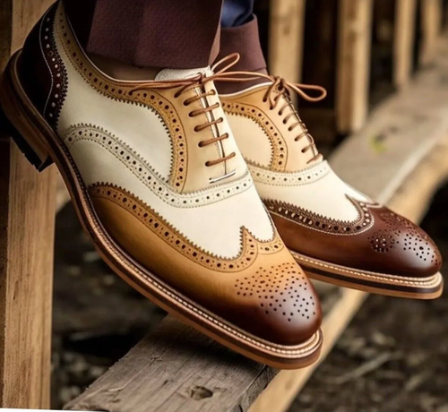 Herren Premium Leder Zweifarbig Zuschauer Oxford Schuhe Formell Leder Elegant Schuhe - Bild 3 von 8