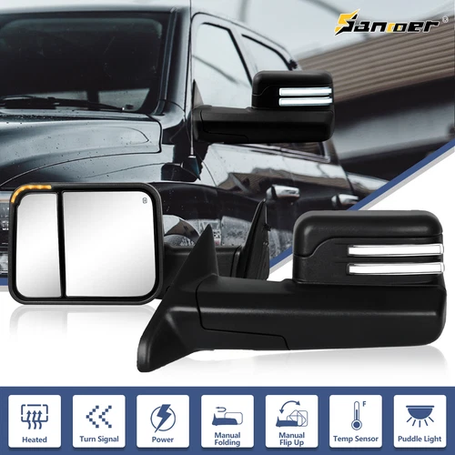 Tow Mirror Assembly Heated Manual Flip Up LED DRL For 09-18 Dodge Ram 1500 2500