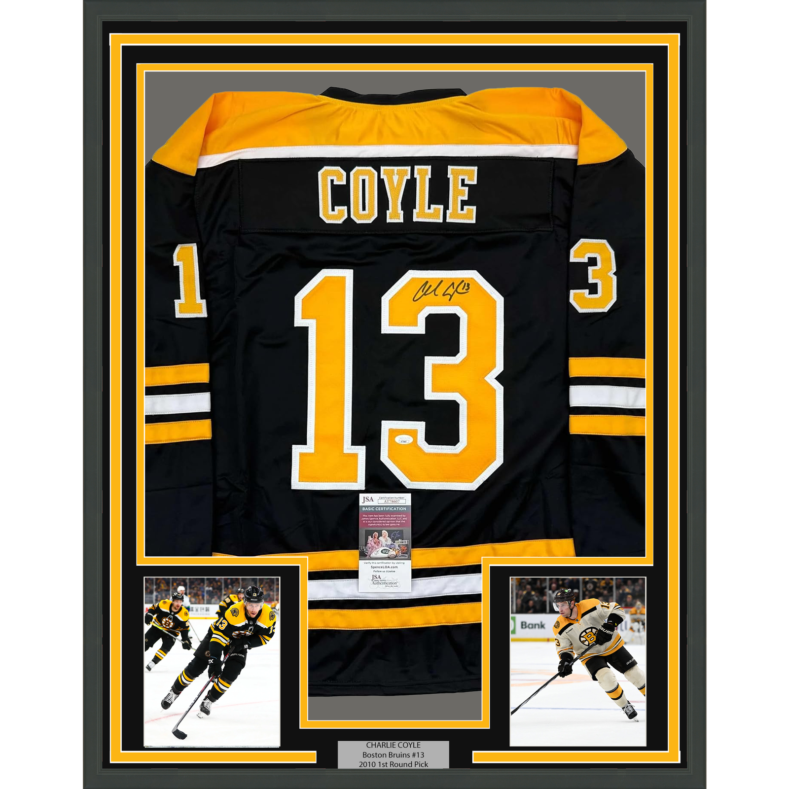 Charlie Coyle Autographed Signed Boston Bruins Framed / 35x39 Boston Black Hockey Jersey JSA COA 
