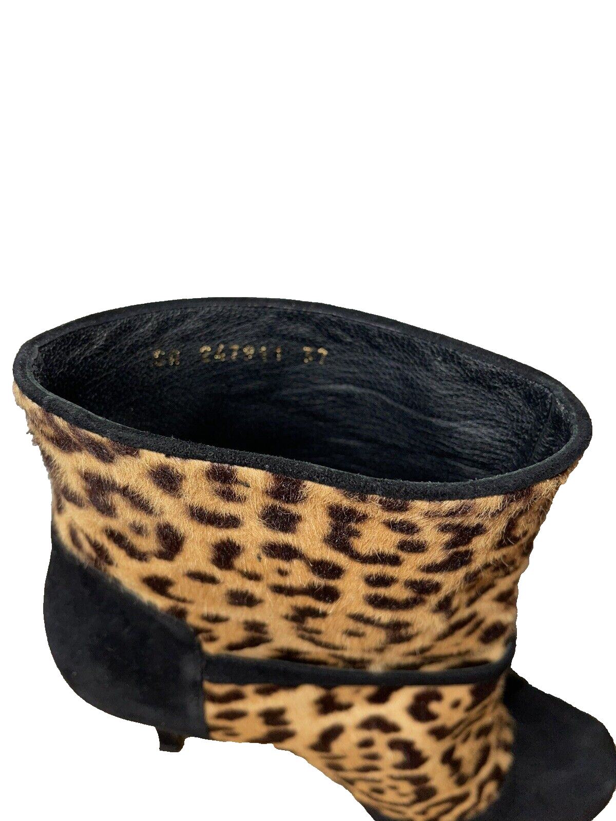 SAINT LAURENT YSL PELLE SCAMOSCIATA NERA TACCO A STILETTO TRIBUTO STAMPA LEOPARDATA PLATEAU MISURA 4