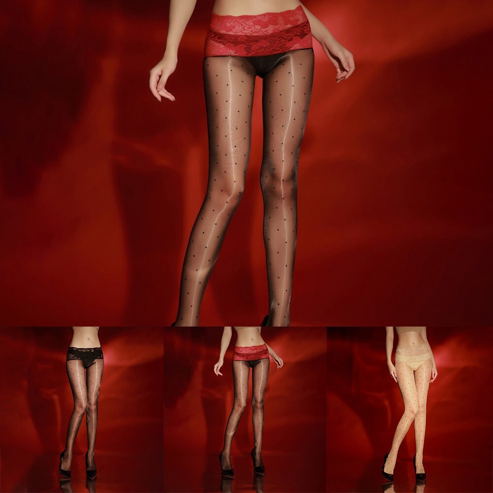 Womens High Waist Glossy Seamless Pantyhose with Lace Polka Dot Design