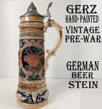 GERZ GERMAN BEER STEIN BREW w-Pewter Lid 13 1/2” Color DOG DEER Pre-War RARE EXC